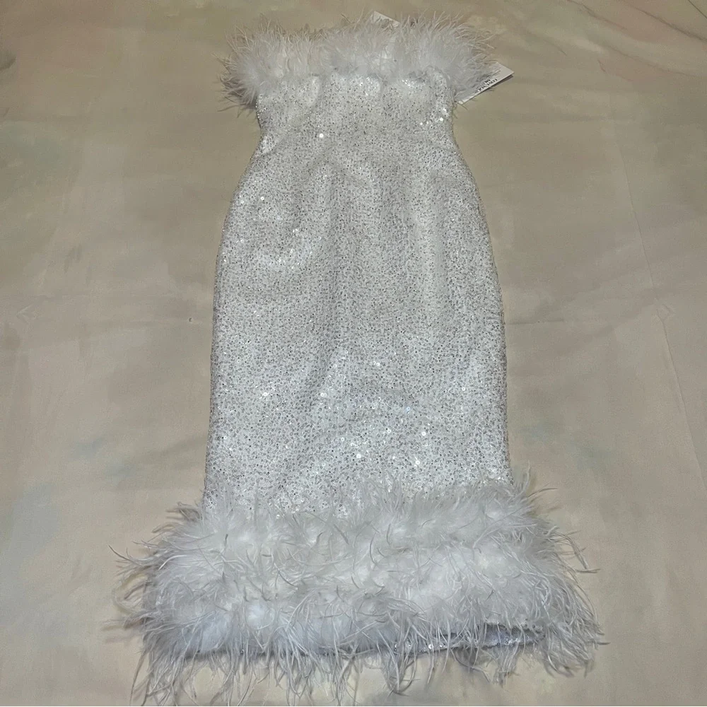 NEW! Nadine Merabi- White Katie Dress Midi Strapless Sequin Size Small NO BELT - Picture 3 of 10